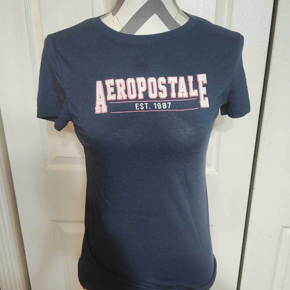 Aeropostale Dark Blue Classic Crew Tee with Pink Logo